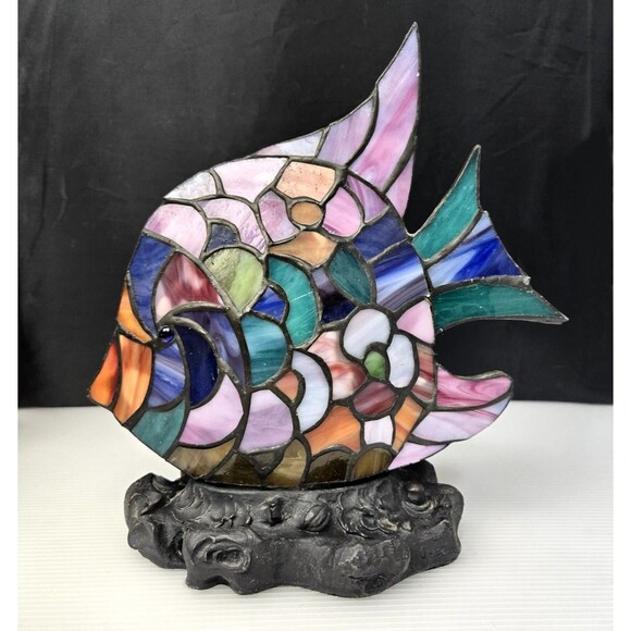 Vtg Quoizel Tiffany Style Stained Glass Tropical Fish Table Lamp No Cord or Bulb - Picture 1 of 16
